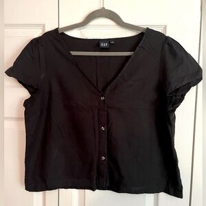 GAP Cap Sleeve V Neck Linen Shirt, Black, Size L
